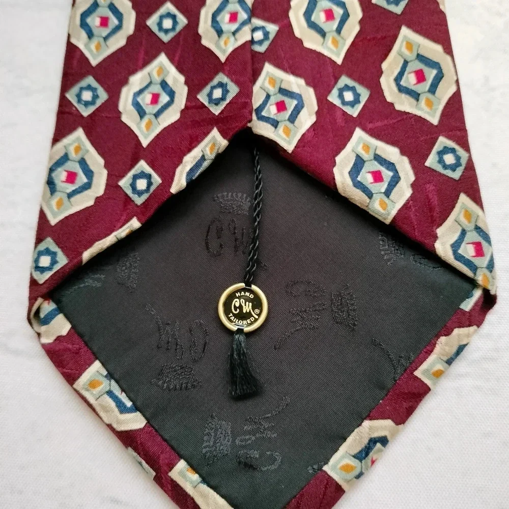 Countess Maria Silk Necktie Tie Red Maroon Blue Off White Geometric 58